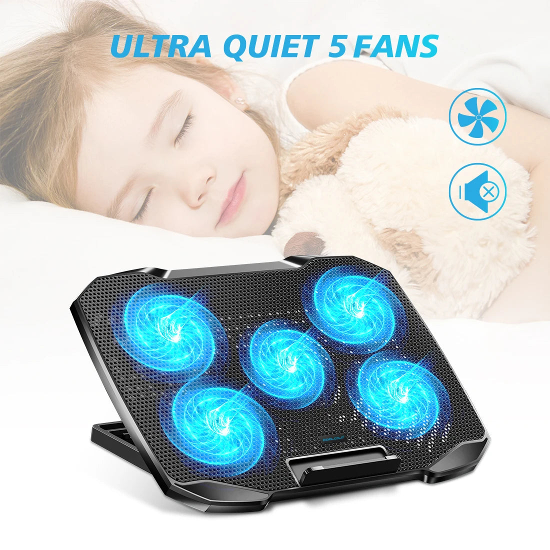COOLCOOLD Laptop Cooling pad for 12-17 Inch Laptop Cooler Stand, 5 quiet fans, 5 Angle Adjustable with phone holder