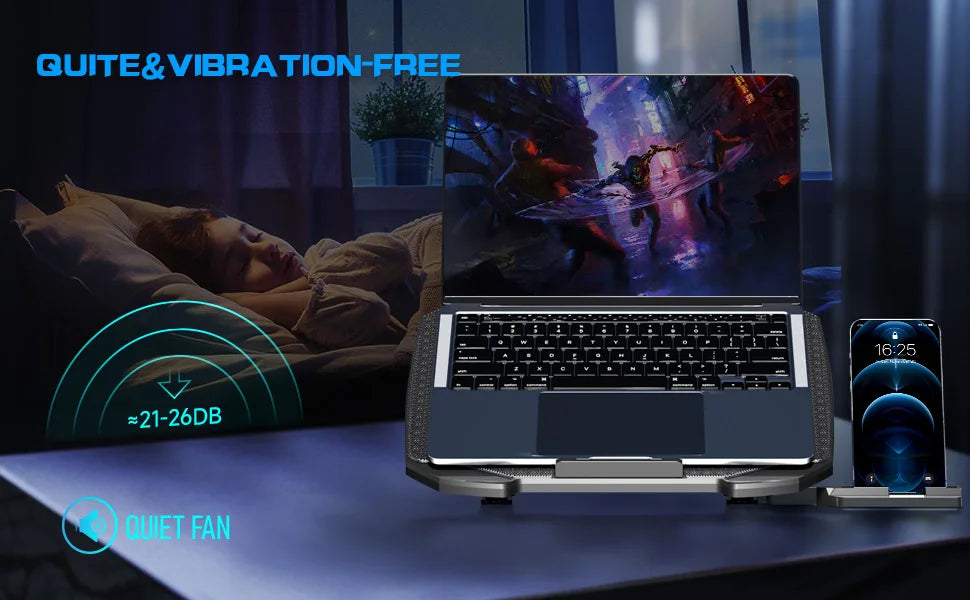 COOLCOOLD Laptop Cooling pad for 12-17 Inch Laptop Cooler Stand, 5 quiet fans, 5 Angle Adjustable with phone holder