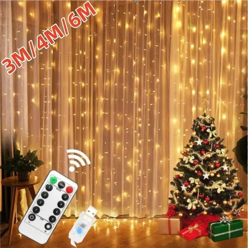 3/4/6m Curtain 100/600LEDString Lights Garland USB Festoon Remote Control Fairy Garland Lights Christmas Decoration Bedroom Home